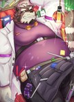 anthro belly big_belly bottomwear clothing detailed_background humanoid_hands kemono lying male moobs one_eye_closed overweight overweight_male pants shirt solo topwear miazuma_shouki lifewonders live_a_hero viscunam mammal procyonid raccoon 2023 absurd_res hi_res