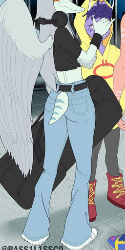 alternate_costume amber_eyes anthro bell-bottoms biped black_clothing black_crop_top black_shirt black_topwear blue_body bone_frill bottomwear butt claws clothed clothed_anthro clothed_female clothing crop_top denim denim_bottomwear denim_clothing elbow_feathers electronics feathered_wings feathers female finger_claws fingers footwear frill_(anatomy) furgonomic_bottomwear furgonomics gesture grey_body grey_bottomwear grey_clothing grey_feathers grey_hair grey_pants group hair half-closed_eyes hand_gesture head_turned headphones headphones_around_neck hoodie horn humanoid_hands jeans long_hair looking_at_viewer looking_back male markings narrowed_eyes pants pink_body purple_body purple_hair rear_view shirt shoes short_hair short_tail smile spots spotted_markings standing striped_markings stripes tail text topwear trio wings yellow_clothing yellow_hoodie yellow_topwear bass1l1ssc0 cavemanon_studios goodbye_volcano_high ko_op_(game_developer) snoot_game fang_(gvh) reed_(gvh) trish_(gvh) ceratopsian ceratopsid chasmosaurine dinosaur dromaeosaurid marginocephalian ornithischian prehistoric_species pterosaur reptile saurischian scalie theropod triceratops velociraptor artist_name colored hi_res shaded
