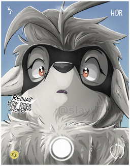 anthro camera_hud camera_view female fur grey_hair hair mask open_mouth red_eyes snaggle_tooth solo text white_body white_fur slavv0 bandai_namco digimon digimon_beatbreak digimon_(species) wolvermon 2026 digital_media_(artwork) english_text hi_res