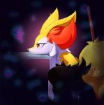 anthro emoji female fur furniture glass messy solo stick table thoughts eryz nintendo pokemon braixen generation_6_pokemon pokemon_(species) hi_res