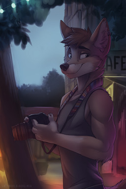 5_fingers anthro biceps black_nose brown_body brown_fur brown_hair camera clothed clothing detailed_background ear_piercing fingers fur hair holding_object inner_ear_fluff male piercing shirt smile solo tan_body tan_fur tank_top topwear tuft koul canid canine canis domestic_dog mammal 2018 2:3 digital_media_(artwork)
