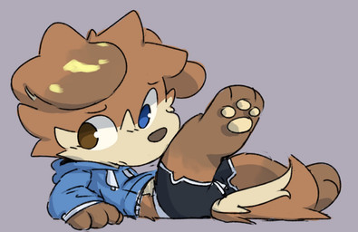3_toes 4_fingers anthro athletic_wear blue_clothing blue_eyes blue_hoodie blue_topwear bottomwear brown_body brown_eyes brown_fur brown_nose clothed clothing feet fingers floppy_ears fluffy fluffy_tail fur gym_bottomwear gym_shorts heterochromia hoodie lying male on_back pawpads paws raised_leg serious shorts simple_background solo spots tail tan_body tan_fur toes topwear informalscout canid canine canis domestic_dog mammal 2025