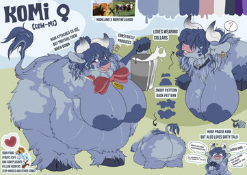 anthro areola belly big_belly big_breasts big_butt blotchy_areola blue_body blue_fur blue_hair blush bodily_fluids breasts butt eyelashes female fur good_girl hair horn huge_belly huge_breasts long_eyelashes markings milk morbidly_obese morbidly_obese_anthro morbidly_obese_female nipples obese obese_anthro obese_female overweight overweight_anthro overweight_female purple_eyes slightly_chubby slightly_chubby_anthro slightly_chubby_female solo spots spotted_body spotted_face spotted_fur text fatty-sashimi komi_(fatty-sashimi) bovid bovine cattle highland_cattle mammal montbeliarde 2025 english_text hi_res model_sheet