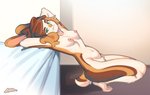 anthro bed breasts brown_hair crotch_tuft eyebrows female furniture green_eyes hair hands_behind_head looking_at_viewer medium_breasts navel nude raised_arms smile solo tuft luxar92 connie_(luxarman) lagomorph leporid mammal rabbit 2021 hi_res