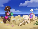 anthro beach biped blue_sky brown_body brown_ears brown_fur brown_legs brown_tail clothing cloud day duo female female_anthro fingers fur kneeling multicolored_clothing multicolored_swimwear pink_clothing pink_swimwear playing sand sand_castle sculpture sky swimwear tail tan_arms tan_body tan_legs tan_tail text water young young_anthro lichfang canid canine canis domestic_dog mammal poodle 2025 hi_res url