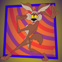 3_toes 4_fingers abstract_background anthro arched_back arm_tuft athletic athletic_anthro athletic_male back_tuft bedroom_eyes belly biped black_eyes black_nose black_toe_claws brown_body brown_fur bubble_butt butt cheek_tuft chest_tuft claws curling_tail ears_outwards elbow_tuft eyebrows facial_tuft feet fingers fluffy fluffy_chest fluffy_tail fur gesture glance glistening glistening_butt half-closed_eyes male multicolored_body multicolored_fur narrowed_eyes nude paws pivoted_ears plantigrade pose puffed_out_chest raised_heel rear_view ringed_background seductive shoulder_tuft skinny skinny_anthro skinny_male slim slim_anthro slim_male small_waist smug smug_expression smug_eyes smug_face smug_grin soles solo spine spiral_background standing standing_on_toes tail tan_belly tan_body tan_eyebrows tan_fur tasteful_nudity teasing teasing_look teasing_with_butt teasing_with_tail tiptoes toe_claws toes tongue tongue_out toony tuft two_tone_body two_tone_fur wasp_waist waving waving_hand yellow_sclera gavanzude looney_tunes warner_brothers wile_e._coyote canid canine canis coyote mammal 2026 alternate_version_at_paywall colored digital_drawing_(artwork) digital_media_(artwork) flat_colors hi_res pinup signature