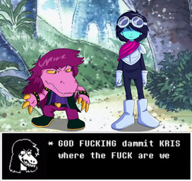 anthro armband bracelet claws clothed clothing dialogue duo eyewear female glasses gloves hair handwear humor jewelry male outside parody profanity purple_body purple_hair screencap screencap_background size_difference spiked_armband spiked_bracelet spikes style_emulation text text_box yellow_sclera epicfusion75 bandai_namco deltarune digimon kris_where_are_we undertale_(series) kris_dreemurr susie_(deltarune) agumon digimon_(species) dinosaur human hybrid mammal prehistoric_species reptile scalie 2021 crossover english_text hi_res meme