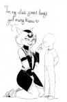 anthro blush breasts clothing dialogue dress duo female heart_symbol kneeling male smile text dbaru egyptian_mythology middle_eastern_mythology mummies_alive mythology anon bast deity domestic_cat felid feline felis human mammal black_and_white english_text monochrome