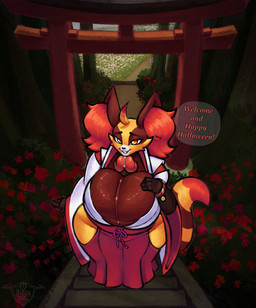 anthro balls balls_as_fake_breasts big_balls big_penis bodily_fluids breasts brown_body brown_fur clothed clothed_anthro clothed_male clothing detailed_background dialogue duo fake_breasts femboy fur genital_fluids genital_raphe genitals glistening glistening_balls glistening_genitalia high-angle_view holidays huge_balls huge_penis inner_ear_fluff looking_at_viewer male penis precum raphe_(anatomy) red_body red_fur scrotal_raphe shrine_gate shrine_maiden smile smiling_at_viewer speech_bubble stairs talking_to_viewer text tuft wide_hips yellow_body yellow_eyes yellow_fur idlepotoo halloween nintendo pokemon delphox generation_6_pokemon mammal pokemon_(species) absurd_res english_text hi_res