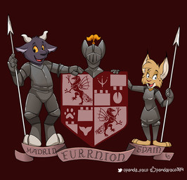 anthro armor clothed clothing duo female female_anthro front_view fur glistening glistening_eyes grey_body grey_fur holding_melee_weapon holding_object holding_polearm holding_spear holding_weapon looking_aside male male_anthro melee_weapon open_mouth open_smile orange_eyes polearm red_background simple_background smile spear standing tan_body tan_fur weapon pandapaco bovid caprine felid feline goat lynx mammal
