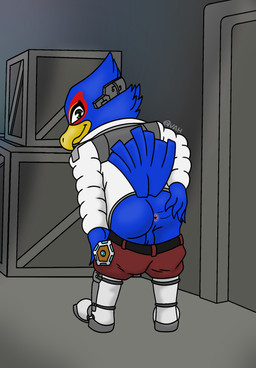 anthro anus backsack balls blue_body blue_feathers bottomwear bottomwear_down butt clothed clothing feathers genitals green_eyes male pants pants_down partially_clothed solo spreading victor_the_wolf_(artist) nintendo star_fox falco_lombardi avian bird hi_res