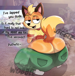 anthro bedroom_eyes big_butt bottomwear butt butt_jiggle clothing cute_fangs dialogue eyebrows fangs footwear fur gaming glistening glistening_butt green_bottomwear green_clothing green_pants jiggling looking_back male motion_blur motion_lines narrowed_eyes open_mouth orange_body orange_fur pants playing_video_game raised_eyebrow raised_tail seductive socks solo tail taunting teeth text tight_bottomwear tight_clothing tight_pants senordraws mario_bros mario_kart nintendo canid canine fox mammal english_text hi_res