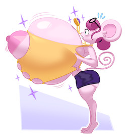 anthro barefoot big_breasts blush bottomwear breast_expansion breasts clothing digitigrade expansion eyewear feet female glasses hair hand_on_breast huge_breasts hyper hyper_breasts jewelry nipples open_mouth pendant pink_hair shorts side_view simple_background solo standing tail topwear torn_clothing white_background yellow_clothing yellow_topwear freshlysqueezed mammal murid murine rat rodent 2025 digital_media_(artwork) hi_res
