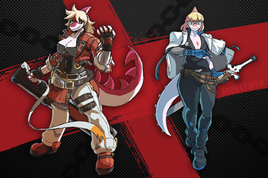 5_fingers accessory anthro belt big_breasts big_tail blonde_hair blue_clothing blue_eyes blue_gloves blue_handwear bob_cut bone_frill breasts brown_clothing brown_gloves brown_handwear claws cleavage clothed clothing cosplay crossover_cosplay duo eyelashes eyewear female finger_claws fingers footwear frill_(anatomy) front_view glasses gloves hair handwear headband holding_object holding_weapon jacket junkyard_dog_mk_iii long_hair long_tail looking_at_viewer magenta_body magenta_scales melee_weapon multicolored_body multicolored_scales orange_body orange_scales red_clothing red_footwear red_jacket red_shoes red_topwear scales shoes smile snout spiked_tail spikes spikes_(anatomy) sword tail teal_eyes text topwear two_tone_body two_tone_scales weapon white_body white_clothing white_jacket white_scales white_topwear jauntyweb arc_system_works cavemanon_studios goodbye_volcano_high guilty_gear i_wani_hug_that_gator ko_op_(game_developer) snoot_game ky_kiske mia_moretti naomi_(gvh) sol_badguy dinosaur hadrosaurid ornithischian ornithopod parasaurolophus prehistoric_species reptile scalie 2024 artist_name crossover digital_drawing_(artwork) digital_media_(artwork) hi_res watermark sibling_(lore) sister_(lore) sisters_(lore)