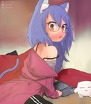 blush cat_tail clothing eyewear female gamer_girl gaming glasses hair hoodie instagram_logo long_hair looking_at_viewer looking_back orange_eyes pixiv_logo playing_video_game purple_hair purple_tail solo tail topwear twitter_logo evermind instagram pixiv twitter animal_humanoid cat_humanoid felid felid_humanoid feline feline_humanoid human humanoid mammal mammal_humanoid absurd_res hi_res