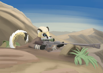 anthro clothing desert gun holding_gun holding_object holding_ranged_weapon holding_weapon male military_uniform ncr_ranger_(fallout) new_california_republic outside ranged_weapon rifle sniper_rifle solo uniform weapon stargatemorro fallout microsoft selreini_(character) cheetah felid feline mammal absurd_res english_description hi_res