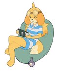 2022 after_transformation alternate_species animal_crossing anthro breasts canid canine canis clothing crossgender digital_media_(artwork) domestic_dog female fridge_(artist) hi_res holding_nintendo_switch isabelle_(animal_crossing) mammal mtf_crossgender nintendo palette_(palettethepainter) pattern_clothing simple_background sitting smile solo striped_clothing stripes white_background