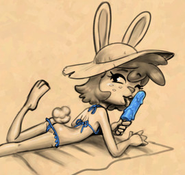 3_toes anthro beach_towel bikini blue_bikini blue_clothing blue_swimwear butt clothing exposed_butt feet female female_anthro flat_chested freckled_face freckles furgonomic_hat furgonomic_headwear furgonomics hat headgear headwear licking_popsicle looking_aside looking_at_viewer lying nipple_slip on_front one_eye_closed popsicle_melting scut_tail seductive short_tail simple_background skimpy_bikini solo sun_hat swimwear tail toes towel two-piece_swimsuit wink winking_at_viewer young young_anthro young_female soulcentinel angel_hare the_east_patch fan_character joy_rabbit lagomorph leporid mammal rabbit 2026 digital_drawing_(artwork) digital_media_(artwork) monochrome sepia shaded spot_color
