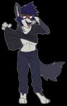 alpha_channel anthro bottomwear brown_eyes canid canine canis clothed clothing clothing_lift denim denim_bottomwear denim_clothing fangs flirting hair hi_res jeans male mammal open_mouth pants pecs purple_hair shirt shirt_lift sinamuna solo teeth terry_(kd142000) topwear wolf