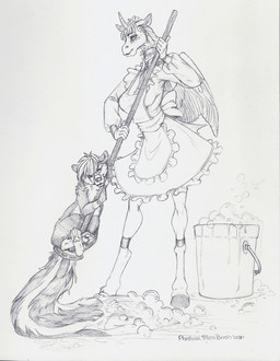 anthro apron choker cleaning_tool clothing collar duo female hooves horn jewelry maid_uniform moonbrush mop necklace uniform wings phathusa hasbro my_little_pony mythology fan_character moonbrush_(phathusa) equid equine mammal mephitid mythological_creature mythological_equine skunk winged_unicorn 2020 hi_res