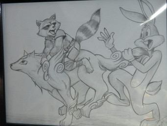 ambiguous_gender anthro feral group male riding straddling tail tail_grab hobolobo27 capcom clover_studio guardians_of_the_galaxy looney_tunes marvel okami_(capcom) warner_brothers amaterasu_(okami) bugs_bunny rocket_raccoon canid canine canis deity lagomorph leporid mammal procyonid rabbit raccoon wolf 4:3 crossover grandfathered_content greyscale monochrome