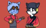 banjo_(instrument) bongo_drum clothing drum duo engineer_(profession) eyewear female hat headgear headwear male musical_instrument percussion_instrument plucked_string_instrument red_clothing simple_background string_instrument unknown_artist team_fortress_2 valve blazu foggy_(foggyshades) scout_(team_fortress_2) canid canine felid feline mammal