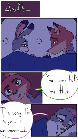 anthro dialogue duo eye_contact female fur grey_body grey_fur looking_at_another lying male on_side orange_body orange_fur pointy_ears rabbit_ears text trauma_dumping hahstudios disney zootopia judy_hopps nick_wilde canid canine european_rabbit fox lagomorph leporid mammal oryctolagus rabbit red_fox true_fox comic english_text