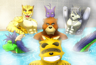 anthro bath bathhouse blush bodily_fluids dog_tags dripping eyes_closed group looking_at_viewer male male/male multiple_poses muscular nipples nude one_eye_closed overweight pose public smile steam sweat swimming trapped water wet wink morenatsu mythology juuichi_mikazuki kounosuke_kuri kouya_aotsuki shin_kuroi tatsuki_midoriya canid canine canis domestic_cat domestic_dog dragon felid feline felis husky mammal mythological_creature mythological_scalie nordic_sled_dog pantherine raccoon_dog scalie spitz tanuki tiger hi_res