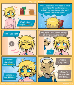 anthro blonde_hair blue_eyes blush bread clothed clothing duo eating exclamation_point eyebrows eyelashes female food hair male question_mark text razplus nintendo pokemon jolie_sparks shaz_(razplus) arthropod generation_3_pokemon generation_5_pokemon insect joltik pokemon_(species) shedinja 2016 comic english_text