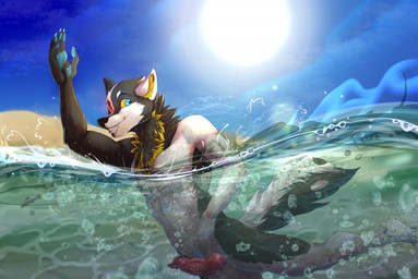 5_fingers animal_genitalia animal_penis anthro balls black_body black_fur canine_genitalia canine_penis erection fingers fur genitals heterochromia male nude outside partially_submerged pawpads penis smile solo sun swimming water waterline_view white_body white_fur helaviskrew canid canine canis mammal wolf 2018