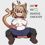 animal_ears animal_tail big_breasts blonde_hair blue_bottomwear blue_clothing blue_skirt bottomwear breasts brown_clothing brown_footwear brown_shoes cat_smile clothing featureless_hands female footwear grey_background grey_clothing grey_legwear grey_thigh_highs hair legwear light_body light_skin looking_at_viewer navel_outline nipple_outline red_eyes shoes simple_background skirt solo spread_legs spreading text thick_thighs thigh_highs topwear white_clothing white_topwear wide_hips medlinss strip_meme tsukihime type-moon neco-arc animal_humanoid cat_humanoid felid felid_humanoid feline feline_humanoid humanoid mammal mammal_humanoid 1:1