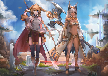 axe breasts cleavage clothed clothing detailed_background duo female floating_island holding_object holding_weapon melee_weapon naginata polearm weapon neonbeat animal_humanoid humanoid absurd_res hi_res