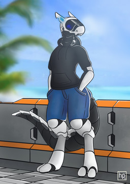 2_toes anthro blue_eyes bottomwear clothed clothing digitigrade feet hoodie machine male outside shorts solo standing tail toes topwear hofi-peak android robot synth_(vader-san) 2020 hi_res