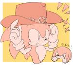 >_< angry anthro border clothing cowboy_hat dialogue duo eyes_closed gloves grin handwear hat headgear headwear male simple_background smile sparkles text white_border yellow_background sikai sega sonic_the_hedgehog_(series) knuckles_the_echidna sonic_the_hedgehog echidna eulipotyphlan hedgehog mammal monotreme japanese_text