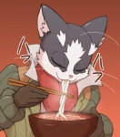 :3 anthro chopsticks clothing eating food male noodles pink_nose simple_background solo text whiskers kori-nio log_horizon nyanta felid mammal digital_media_(artwork) half-length_portrait japanese_text portrait translated