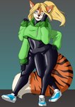 3_legs 4_arms anthro blonde_hair blue_eyes ear_piercing ear_ring eyewear female glasses hair industrial_piercing latex multi_arm multi_limb multifur multifurry piercing ring_piercing solo doodlelu1992 huffzie_(artist) may_abbagail canid canine felid fox hybrid mammal pantherine tiger hi_res