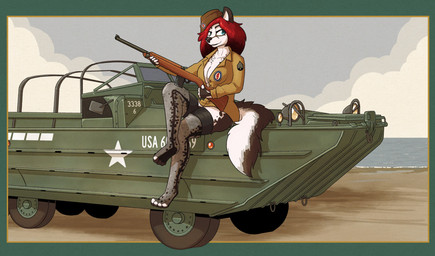 4_toes amphibious_vehicle anthro barefoot beach black_body black_ears black_eyebrows black_fur black_hair black_nose black_tail blue_eyes blue_sky breasts brown_clothing brown_hat brown_headwear brown_jacket brown_topwear car cleavage clothed clothing cloud eyebrows feet female female_anthro full_cleavage fur grey_body grey_fur gun hair hat headgear headwear holding_gun holding_object holding_ranged_weapon holding_rifle holding_weapon jacket looking_aside m1_carbine medium_breasts military military_uniform military_vehicle multicolored_body multicolored_fur multicolored_hair outside pupils ranged_weapon red_hair rifle sand sitting sky snout soldier solo tail toes topwear two_tone_hair two_tone_tail uniform vehicle warrior water weapon white_body white_fur white_inner_ear white_tail posspowered dukw canid canine mammal 2026 hi_res