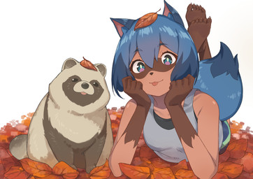 5_fingers 5_toes ambiguous_gender anthro autumn barefoot biped black_eyes black_nose blep blue_body blue_fur blue_hair bottomwear breasts brown_body brown_fur calves_up claws clothed clothing crossed_feet dipstick_tail duo facial_markings fallen_leaves feet female feral fingers fluffy fluffy_tail fur gloves_(marking) grey_clothing grey_shirt grey_tank_top grey_topwear hair head_markings holding_head humanoid_feet humanoid_hands leaf leaf_on_head looking_at_viewer lying markings multicolored_body multicolored_fur multicolored_hair multicolored_tail outside plantigrade pupils shirt short_hair shorts simple_background sitting smile smiling_at_viewer soles tail tail_markings tank_top the_pose toe_claws toes tongue tongue_out topwear two_tone_body two_tone_fur two_tone_hair two_tone_tail white_background lizzy_imo brand_new_animal studio_trigger michiru_kagemori canid canine mammal raccoon_dog tanuki 2021 digital_media_(artwork) hi_res