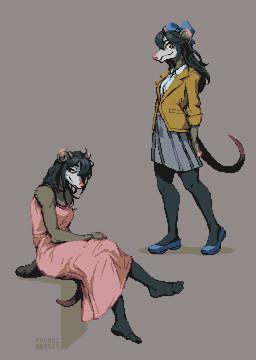 accessory anthro black_hair bottomwear bow_ribbon clothing coat collared_shirt dress_shirt feet female footwear fur gloves_(marking) grey_body grey_fur hair hair_accessory hair_bow hair_ribbon hands_on_legs leg_markings legwear long_hair long_tail looking_aside markings mouse_ears multicolored_body multicolored_fur nightgown plantigrade ribbons shirt shoes sitting sitting_on_tail skirt snout socks socks_(marking) solo stockings tail thin_tail topwear two_tone_body two_tone_fur white_body white_fur yellow_eyes pavanz poss_(pavanz) american_opossum mammal marsupial digital_media_(artwork) pixel_(artwork)