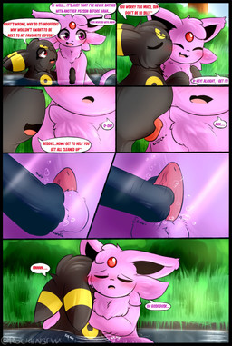 blush dialogue duo female feral genitals handjob licking male male/female partially_submerged penile penis sex speech_bubble text tongue rockii nintendo pokemon eeveelution espeon generation_2_pokemon pokemon_(species) umbreon comic english_text hi_res