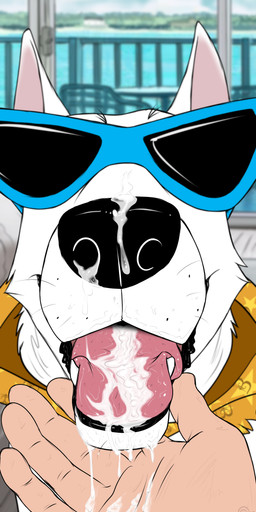 after_fellatio after_oral after_sex bestiality black_nose bodily_fluids clothing cum cum_from_nose cum_in_mouth cum_in_nose cum_inside cum_on_chin cum_on_face cum_on_muzzle cum_on_tongue duo eyewear feral first_person_view fur genital_fluids hoodie human_on_feral human_pov interspecies male pov_hands sunglasses teeth tongue tongue_out topwear white_body white_fur consensualcanine blake_(consensualcanine) canid canine canis domestic_dog german_shepherd herding_dog human mammal pastoral_dog absurd_res hi_res