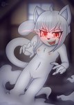 anthro attic claws female flat_chested fur genitals glowing glowing_eyes loli nude pussy red_eyes smile solo translucent white_body white_fur young young_anthro young_female dream_mirage ghost_(claralaine) domestic_cat felid feline felis ghost mammal spirit absurd_res hi_res