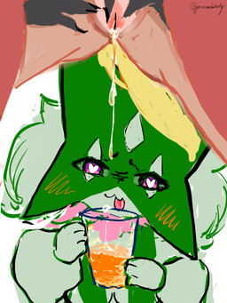 anthro areola big_breasts bodily_fluids breasts cum duo female female/female female_anthro food food_fetish genital_fluids genitals group heart_eyes heart_symbol huge_breasts nipples nude peeing peeing_into_container peeing_into_cup pink_areola pink_nipples smile tongue tongue_out urine vulva watersports poreeveelutinfp nintendo pokemon delphox generation_6_pokemon generation_9_pokemon mammal meowscarada pokemon_(species) 3:4 absurd_res hi_res