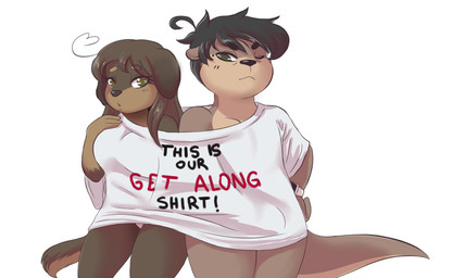 ahoge black_hair clock clothed clothing duo female green_eyes hair male male/female off_shoulder one_eye_closed panties shirt standing text topwear underwear watch mr-shin shin_(mr-shin) canid canine canis domestic_dog mammal mustelid otter river_otter 2018 digital_media_(artwork) english_text shaded