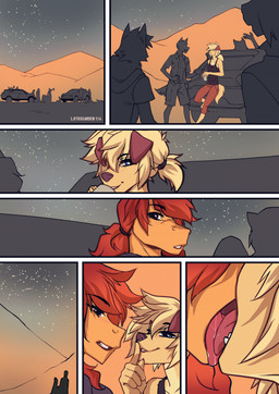 anthro blonde_hair blue_eyes blush blush_lines brown_body brown_eyes brown_fur female female/female fur group hair kissing licking_tongue making_out mountain ponytail red_hair shush sky star starry_sky tear_trough tongue vehicle lotusgarden amber_(lotusgarden) frori canid canine canis domestic_dog equid equine horse mammal comic hi_res