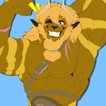 alternate_species anthro barazoku beard ear_piercing ear_ring facial_hair flexing flexing_bicep furrification horn male muscular piercing ring_piercing scar simple_background smile solo makota_toh miauarf nintendo the_legend_of_zelda link lynel 1:1 absurd_res hi_res