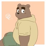 anthro black_nose bottomwear brown_body clothing hoodie kemono male shorts simple_background sitting slightly_chubby solo topwear mtmnkmn125 bear mammal 1:1 2022 hi_res