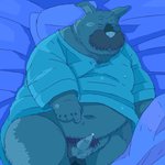 anthro balls bed bedding blanket clothing erection eyes_closed furniture genitals kemono lying male overweight overweight_anthro overweight_male penis pillow shirt solo topwear norataro sherlock_hound_(series) watson_(sherlock_hound) canid canine canis domestic_dog mammal 1:1 2007 blue_and_white low_res monochrome