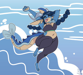 anthro blue_body blue_hair bottomwear clothing female hair horn pants pattern_background simple_background solo tan_body yoga_pants phallusbro nintendo pokemon aquatic eeveelution generation_1_pokemon generation_2_pokemon houndoom hybrid hybrid_pokemon pokemon_(species) vaporeon 2022 absurd_res hi_res