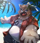 anthro beach belly black_nose bottomwear brown_body clothing cute_fangs detailed_background fangs humanoid_hands kemono male overweight overweight_male scar seaside shirt shorts solo teeth topwear water boar_stag144 lifewonders tokyo_afterschool_summoners yasuyori_(tas) canid canine canis domestic_dog mammal 2022 hi_res